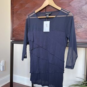 INC navy blue illusion sheer sleeves top.
